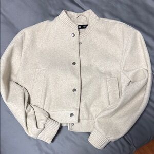 Zara Cream Bomber Jacket with Ribbed Trim